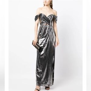 Marchesa Silver Off-Shoulder Maxi Dress